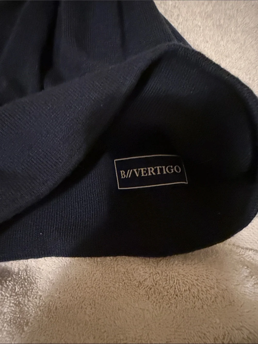 Women's Navy Knit Pom Pom Beanie with Metal Logo